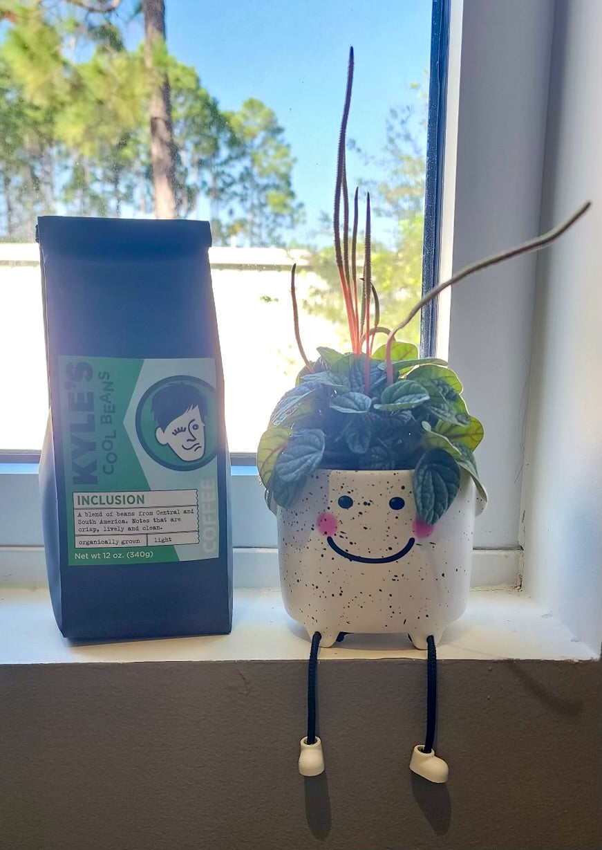 A picture of an Inclusion coffee bag. Next to a ceramic flower pot, the pot has a smiley face. There is a green leafy plant in the pot.