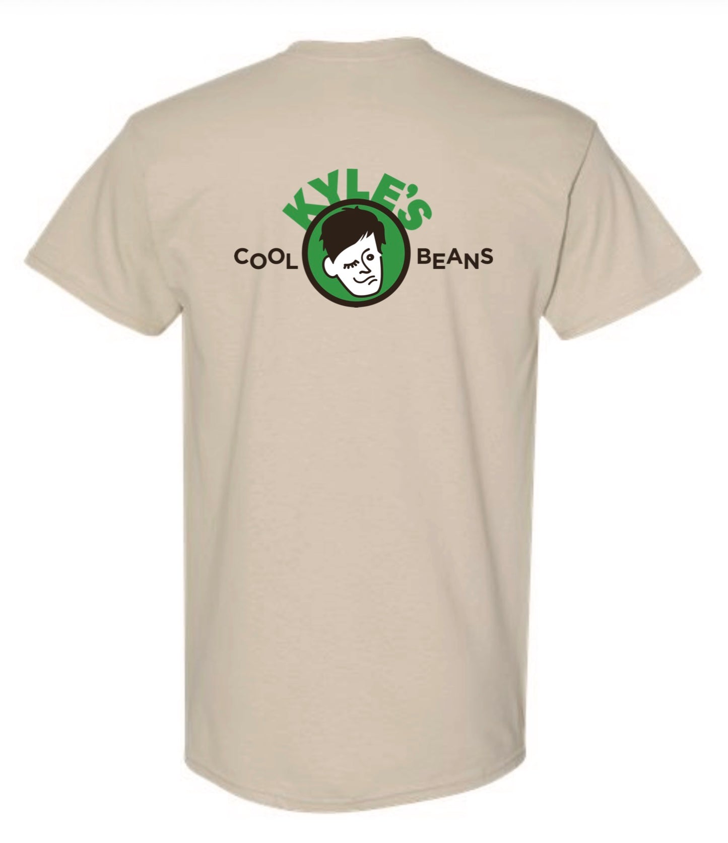 A beige t-shirt with a Oak Mountain Eagle logo on the chest and a Kyle’s Cool Beans Logo on the center back