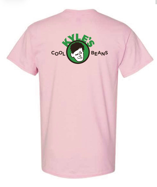 A light pink t-shirt with a Oak Mountain Eagle logo on the chest and a Kyle’s Cool Beans Logo on the center back