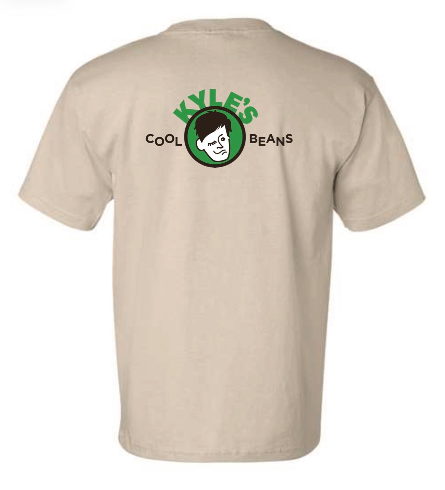 Beige t-shirt with a Kyle’s Cool Beans logo and text on the back