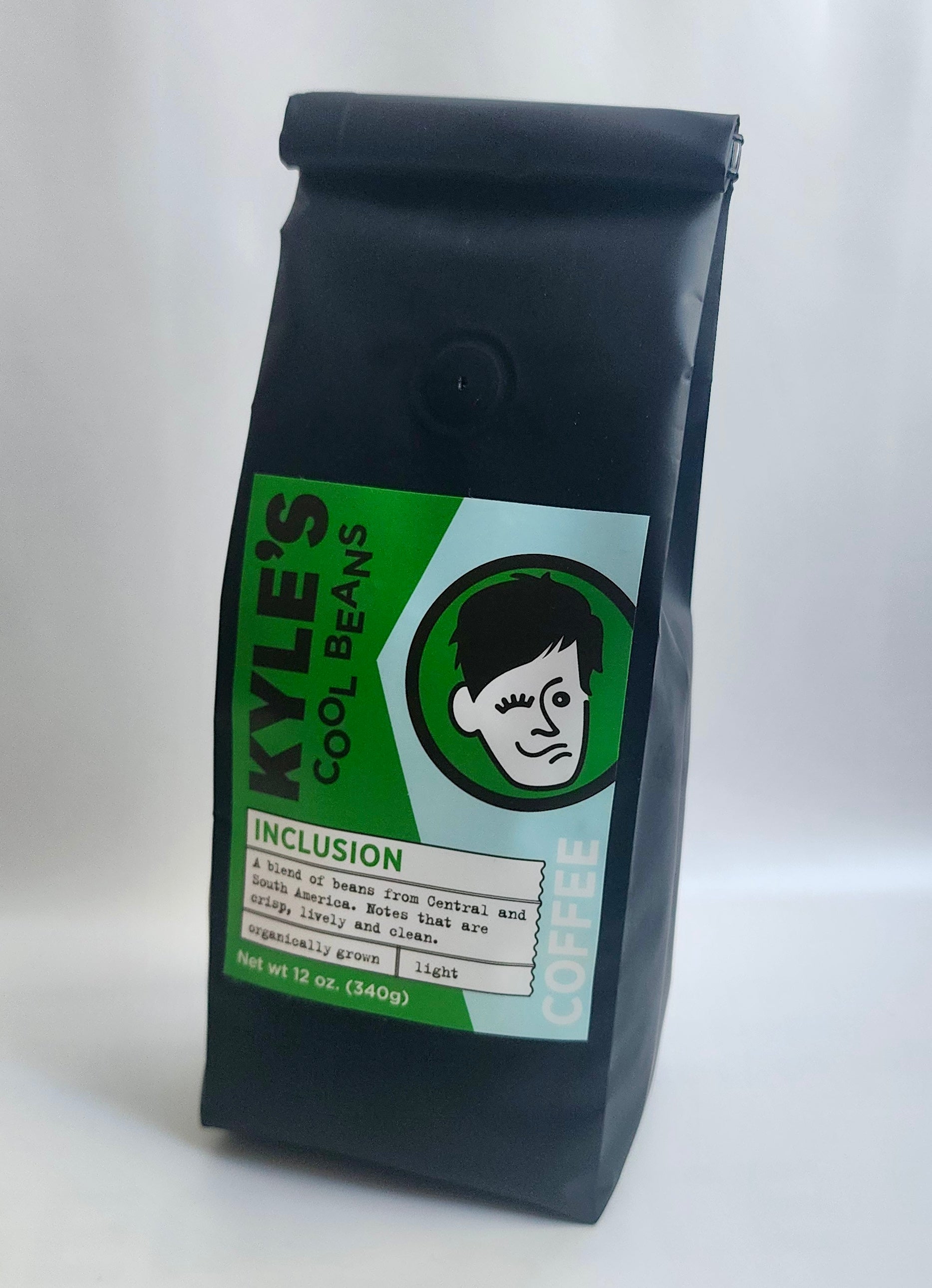 A picture of the coffee bag from a right front perspective. The front label is visible. The coffee bag is resealable.