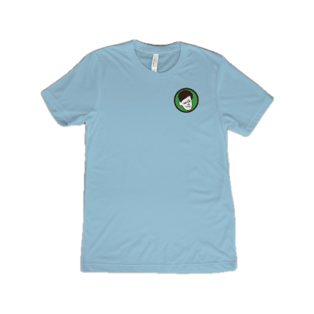 Blue KCB T-Shirt Front, light blue shirt, Kyle’s face logo on the left 