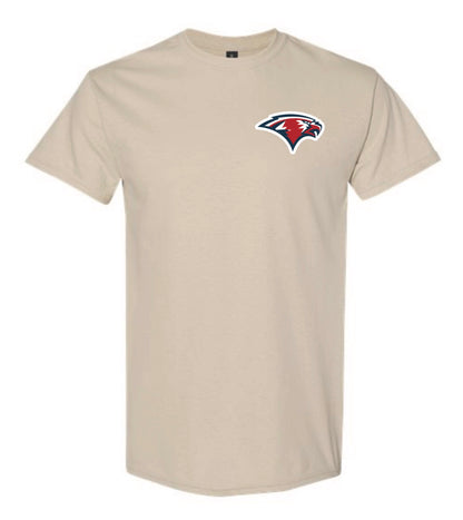 A beige t-shirt with a Oak Mountain Eagle logo on the chest and a Kyle’s Cool Beans Logo on the center back