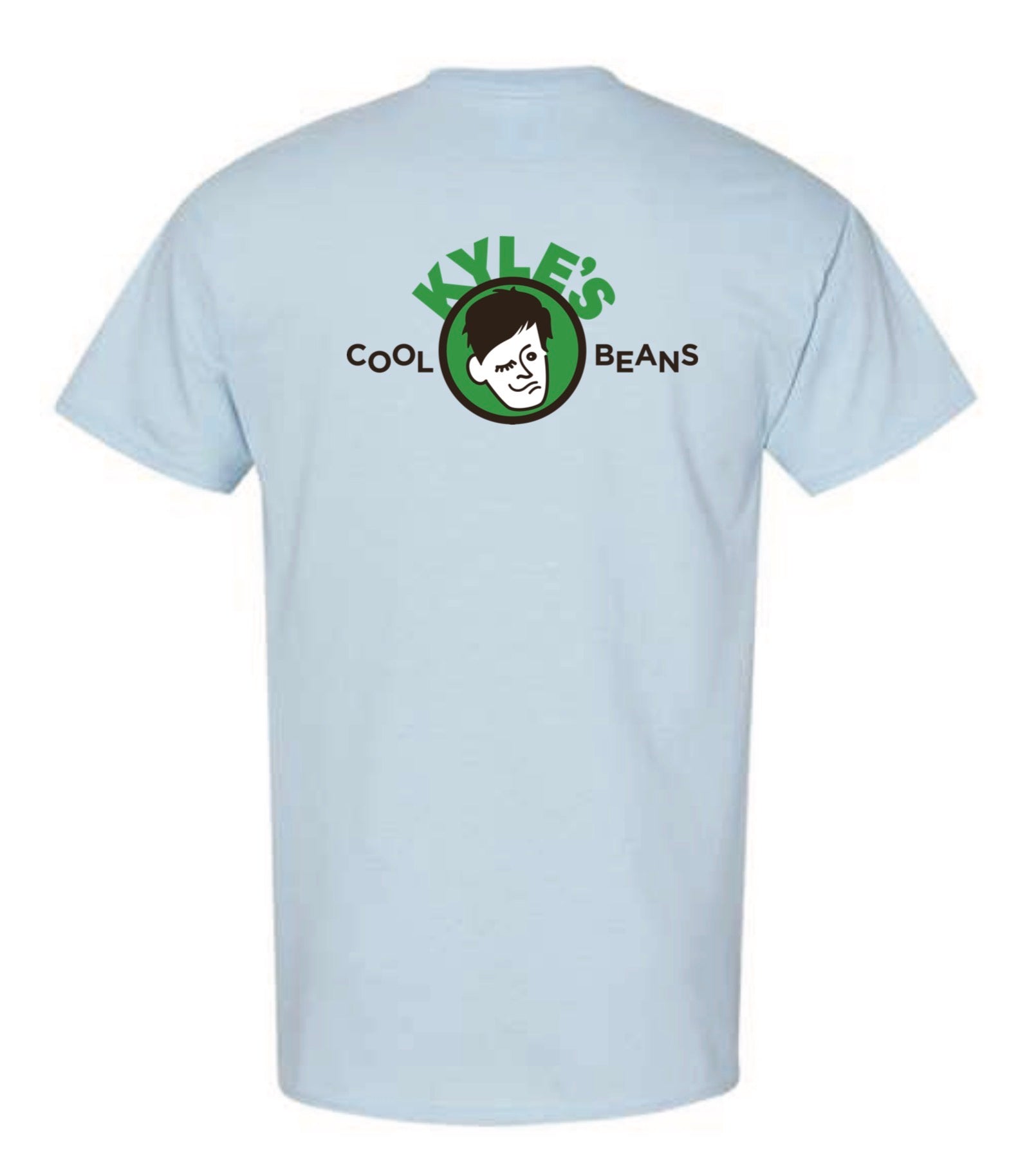 A light blue t-shirt with a Oak Mountain Eagle logo on the chest and a Kyle’s Cool Beans Logo on the center back