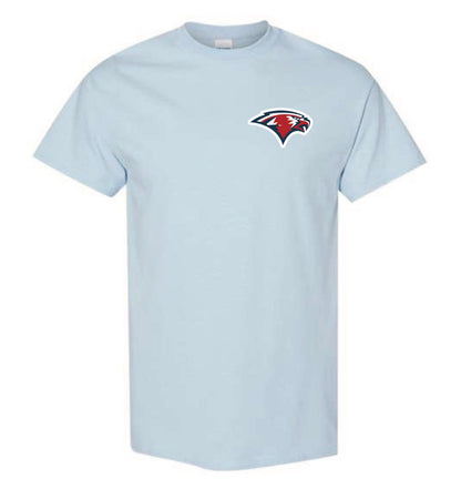 A light blue t-shirt with a Oak Mountain Eagle logo on the chest and a Kyle’s Cool Beans Logo on the center back