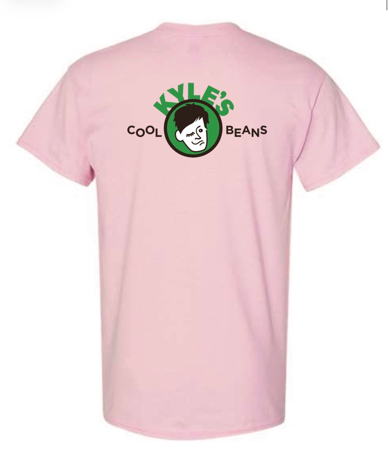 A light pink t-shirt with a Oak Mountain Eagle logo on the chest and a Kyle’s Cool Beans Logo on the center back