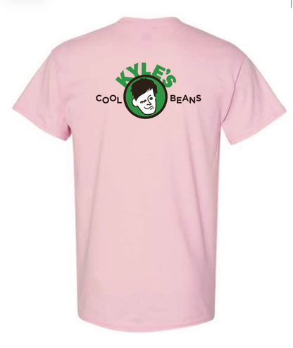 A light pink t-shirt with a Oak Mountain Eagle logo on the chest and a Kyle’s Cool Beans Logo on the center back