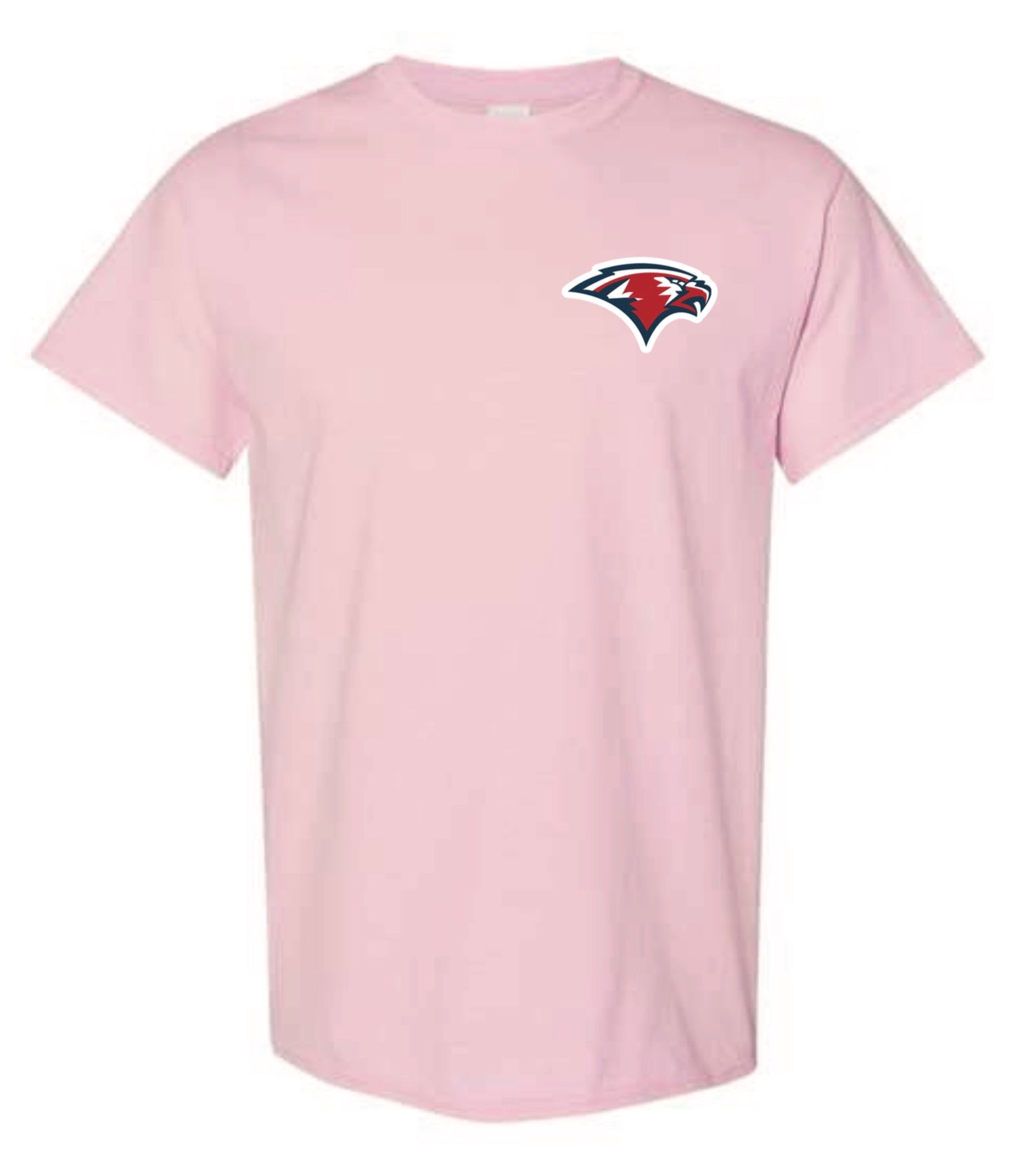 A light pink t-shirt with a Oak Mountain Eagle logo on the chest and a Kyle’s Cool Beans Logo on the center back
