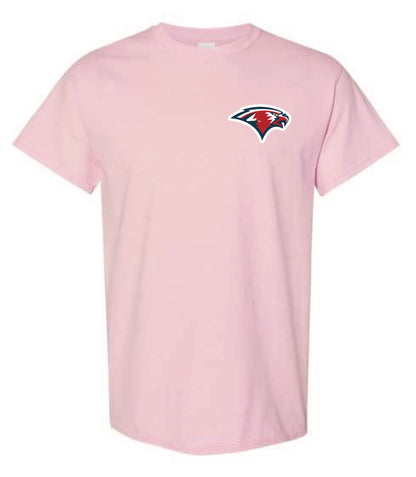 A light pink t-shirt with a Oak Mountain Eagle logo on the chest and a Kyle’s Cool Beans Logo on the center back