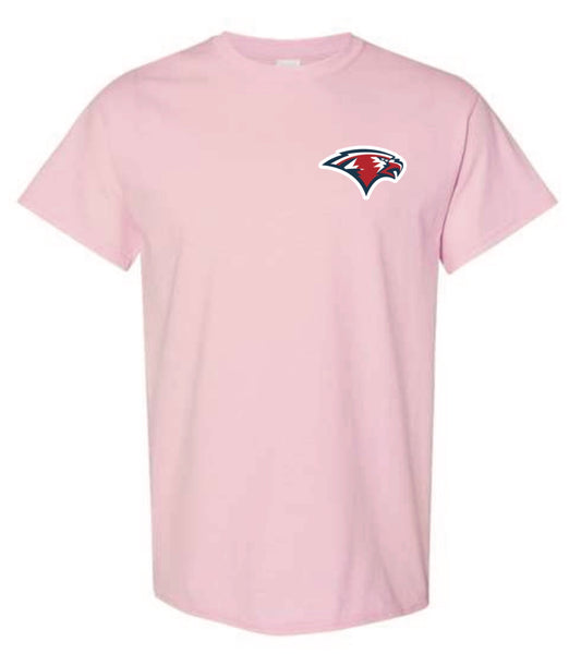 A light pink t-shirt with a Oak Mountain Eagle logo on the chest and a Kyle’s Cool Beans Logo on the center back
