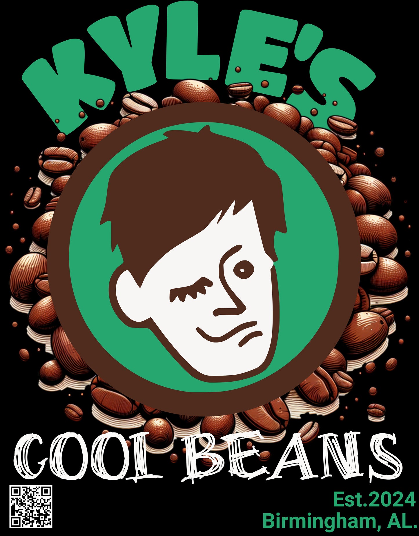 The design for the back of the T-Shirt. Kyle’s logo in front of a picture of coffee beans with text reading Kyle’s Cool Beans, Established 2024. Birmingham Alabama