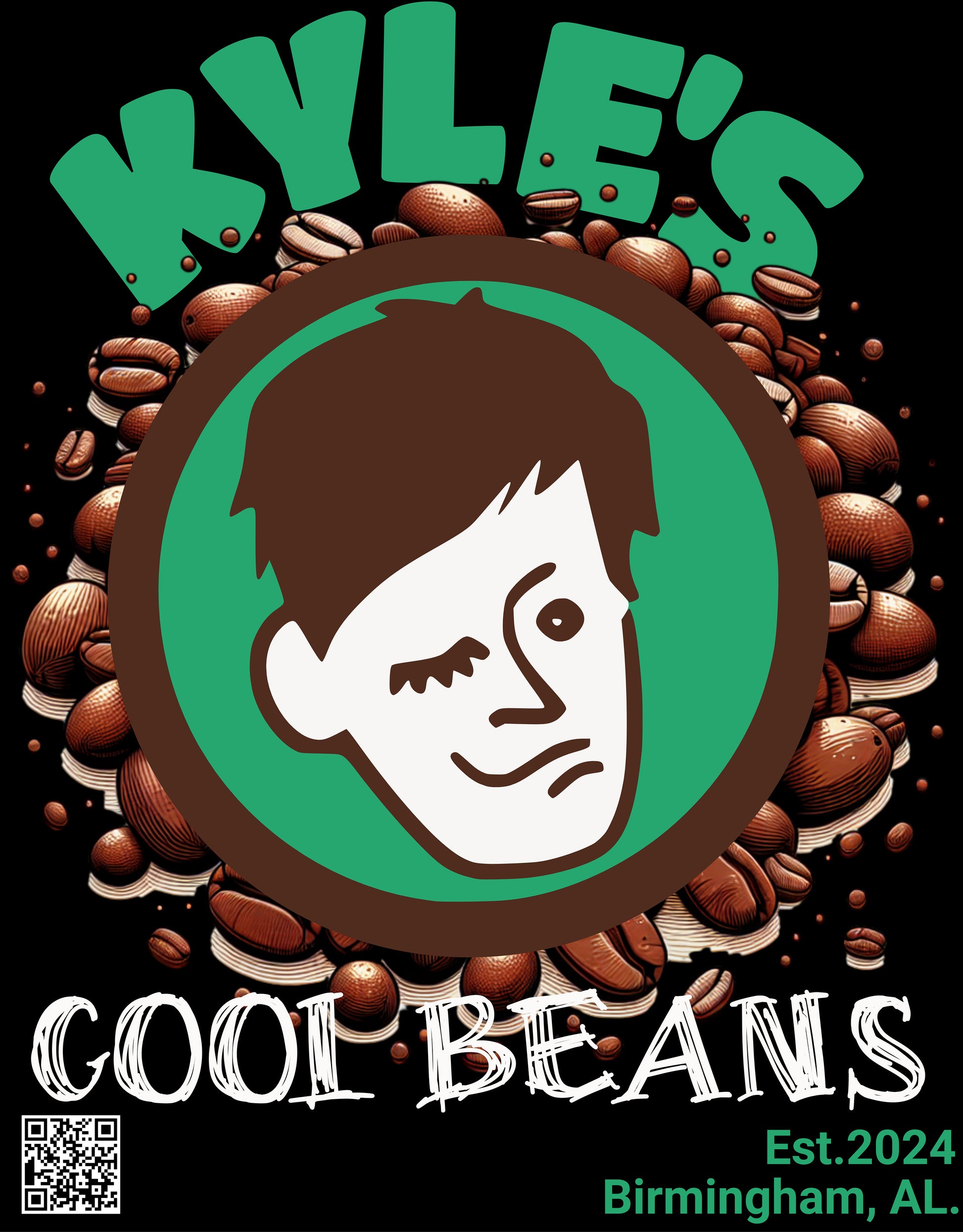 The design for the back of the T-Shirt. Kyle’s logo in front of a picture of coffee beans with text reading Kyle’s Cool Beans, Established 2024. Birmingham Alabama
