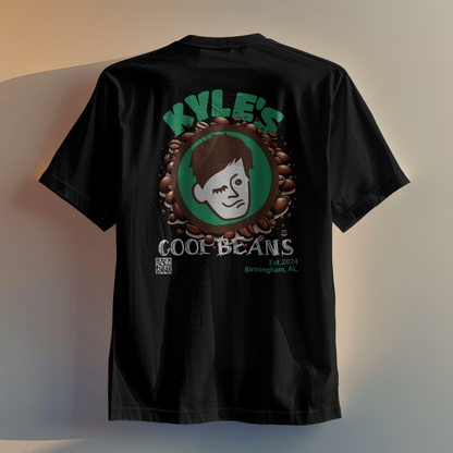 Kyle’s T-Shirt, Kyle’s logo on top of a background of coffee beans, with a QR code that links the shirt to this website