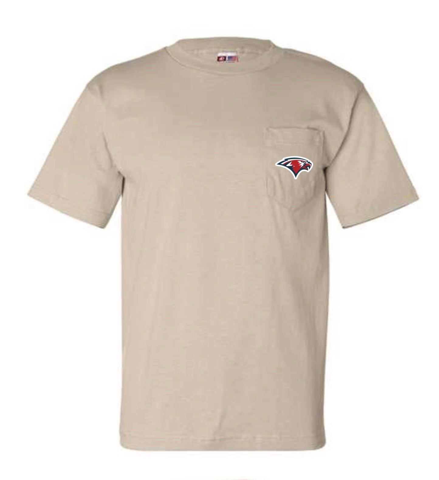 Beige t-shirt with a Oak Mountain Eagle logo on the chest pocket