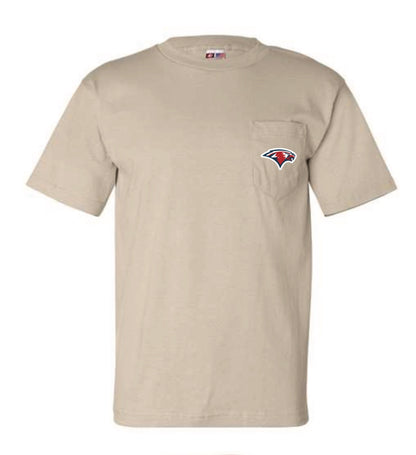 Beige t-shirt with a Oak Mountain Eagle logo on the chest pocket