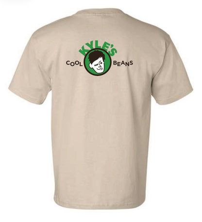 Beige t-shirt with a Kyle’s Cool Beans logo and text on the back