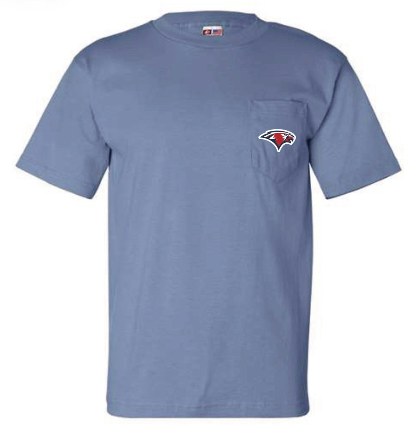 Blue t-shirt with a Oak Mountain Eagle logo on the chest pocket