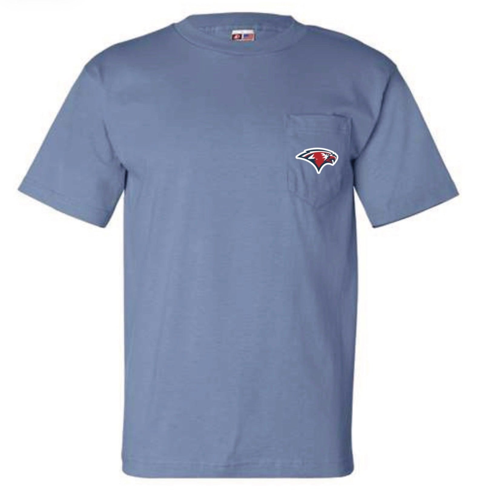 Blue t-shirt with a Oak Mountain Eagle logo on the chest pocket