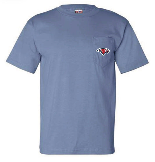 Blue t-shirt with a Oak Mountain Eagle logo on the chest pocket