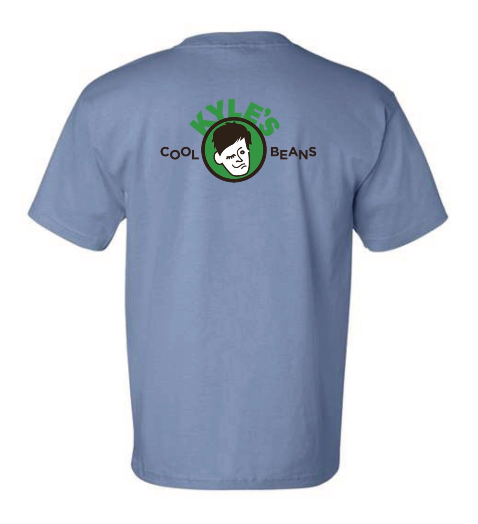 Blue t-shirt with a Kyle’s Cool Beans logo and text on the back