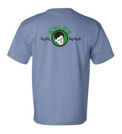 Blue t-shirt with a Kyle’s Cool Beans logo and text on the back
