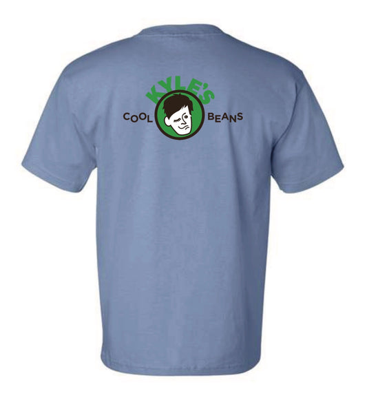Blue t-shirt with a Kyle’s Cool Beans logo and text on the back