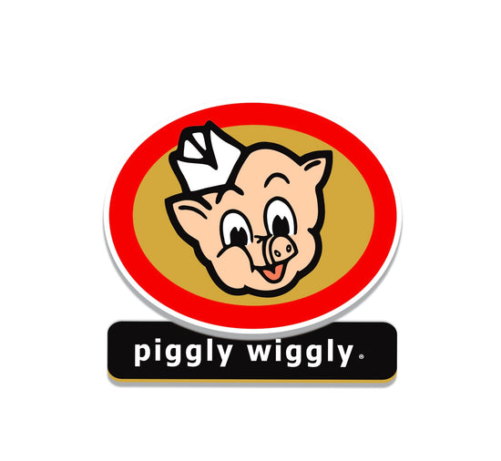 The smiling face of a pig wearing a hat in a red circle with the words piggly wiggly underneath. It’s the official logo of Piggly Wiggly stores. 